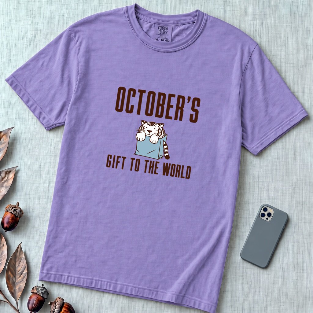 Born In October Gift, Funny Birthday T-Shirt - Violet unfolded t-shirt mockup