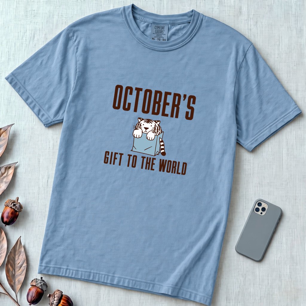 Born In October Gift, Funny Birthday T-Shirt - Washed Denim unfolded t-shirt mockup