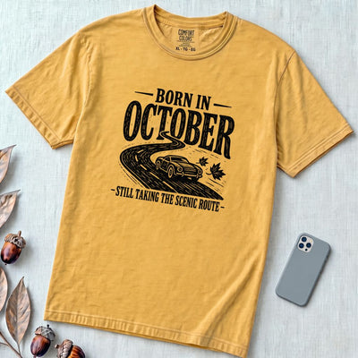 Born In October — Still Taking The Scenic Route T-Shirt - Mustard unfolded t-shirt mockup