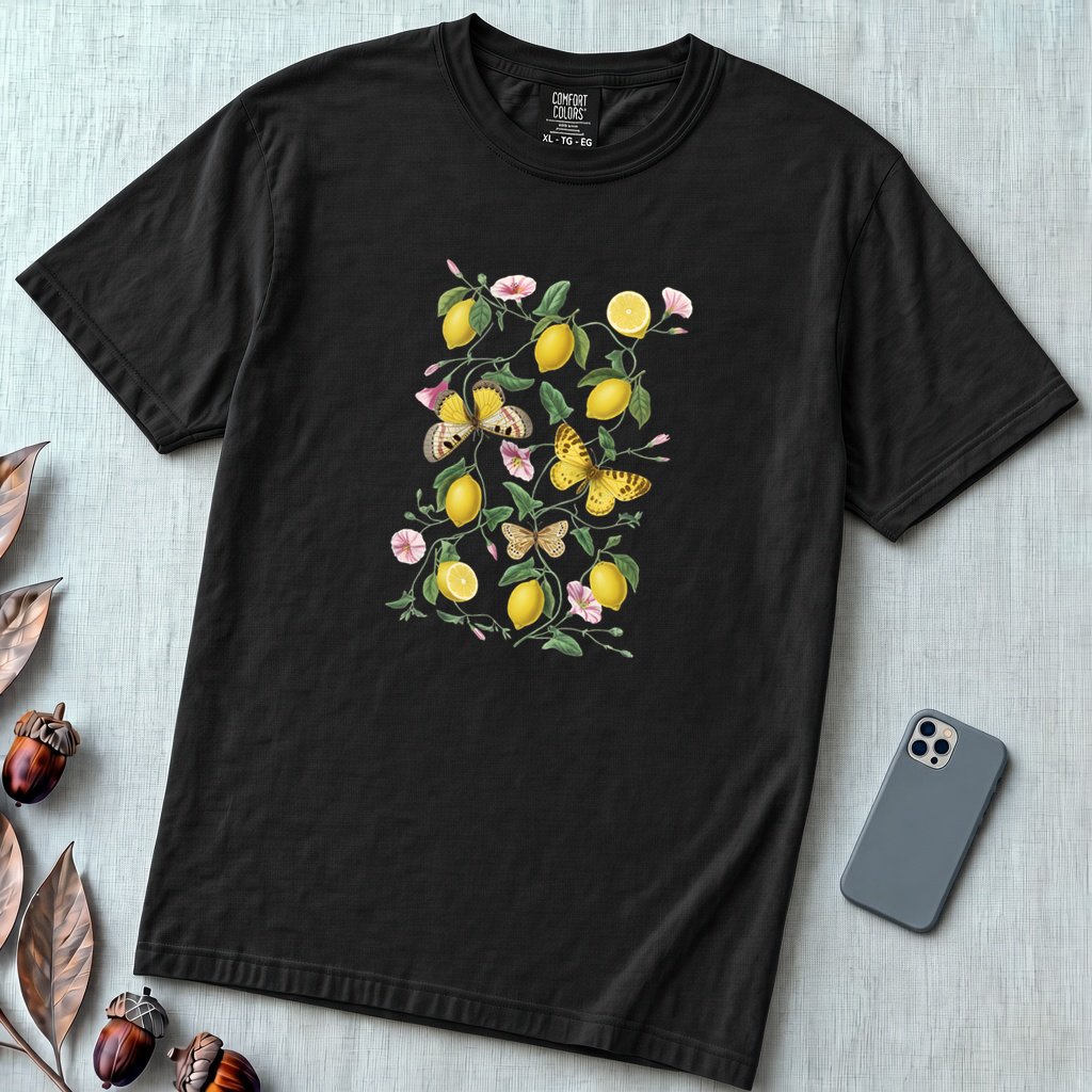 Botanical Lemon T-Shirt - Vintage Lemon & Butterfly Illustration - Black unfolded t-shirt mockup