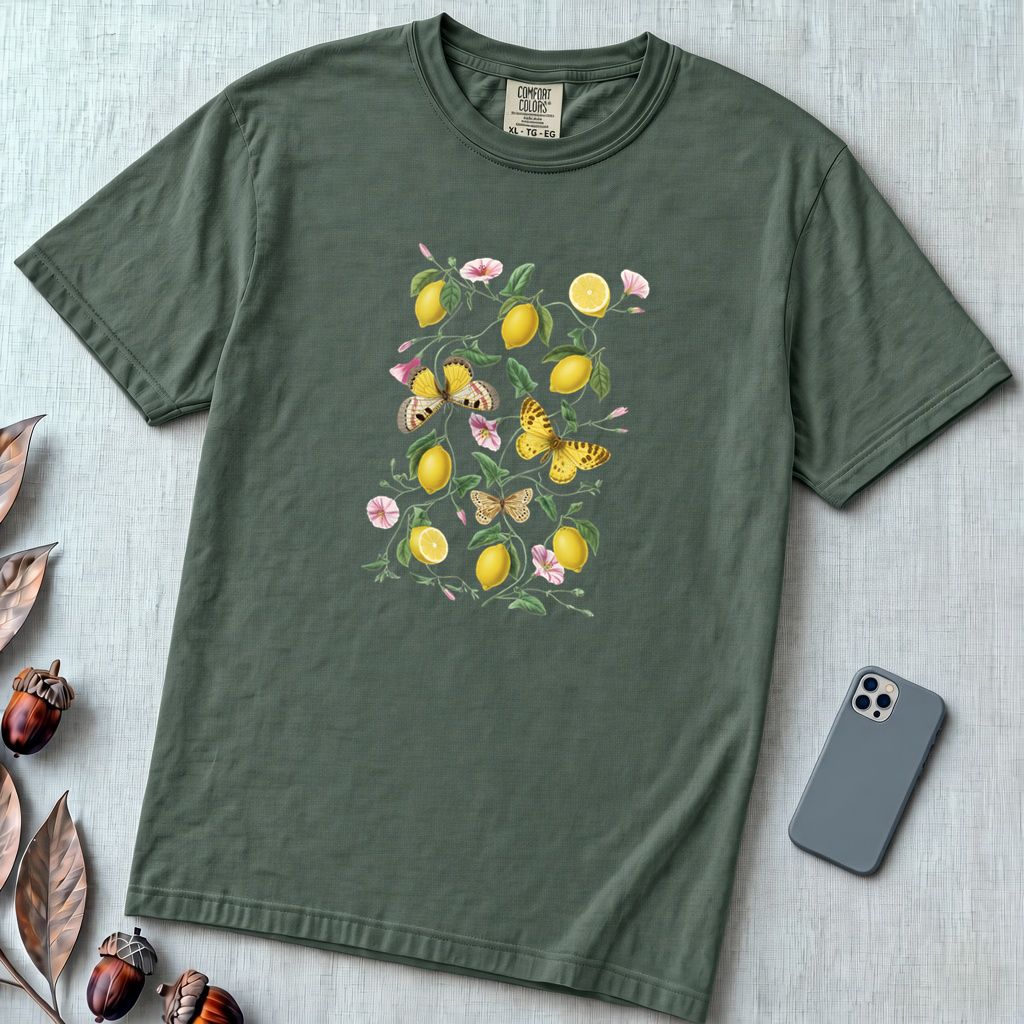 Botanical Lemon T-Shirt - Vintage Lemon & Butterfly Illustration - Blue Spruce unfolded t-shirt mockup