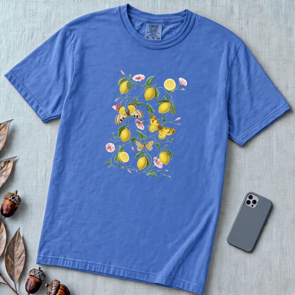 Botanical Lemon T-Shirt - Vintage Lemon & Butterfly Illustration - Flo Blue unfolded t-shirt mockup