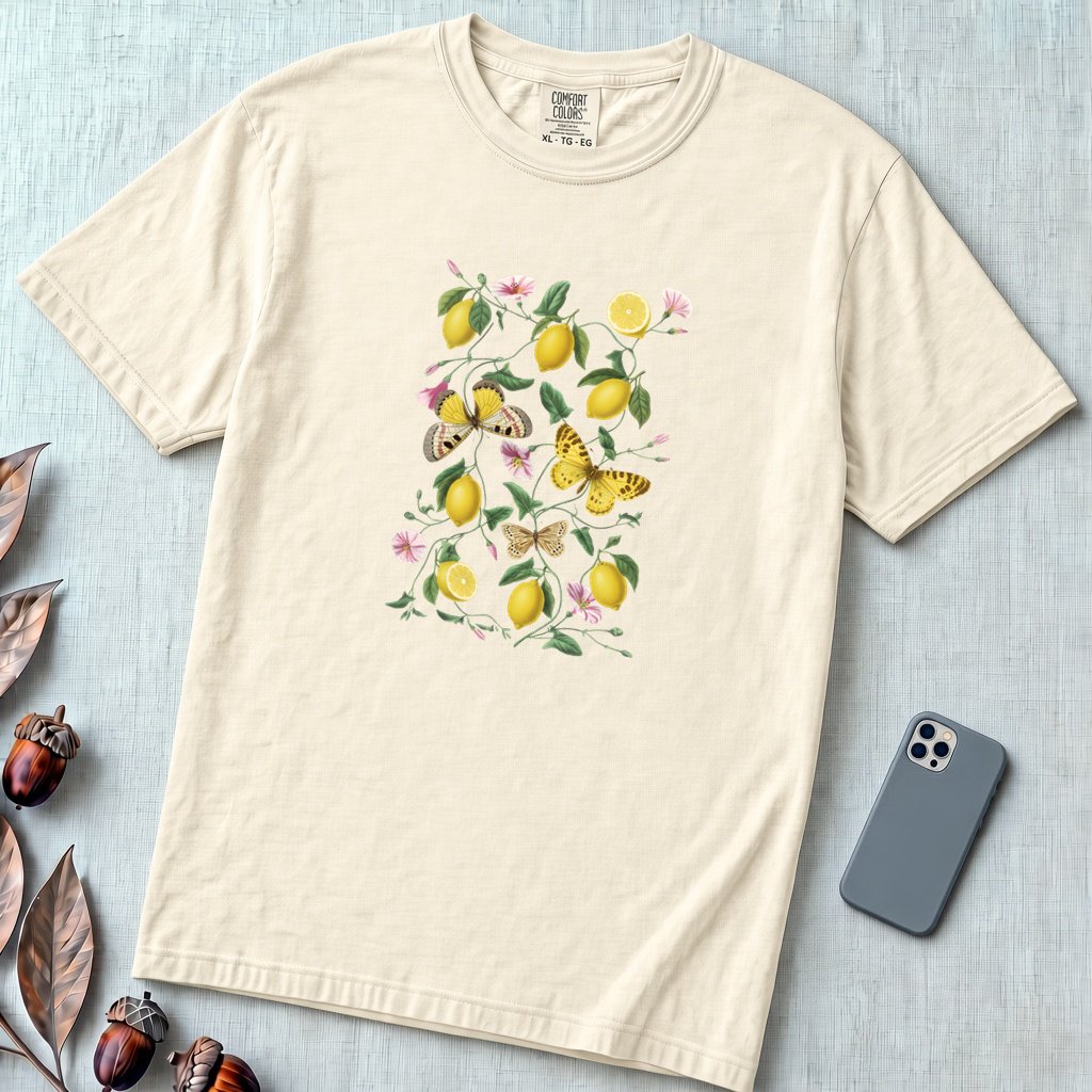 Botanical Lemon T-Shirt - Vintage Lemon & Butterfly Illustration - Ivory unfolded t-shirt mockup