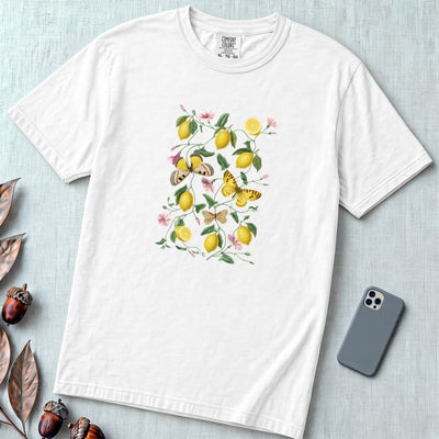 Botanical Lemon T-Shirt - Vintage Lemon & Butterfly Illustration - White unfolded t-shirt mockup