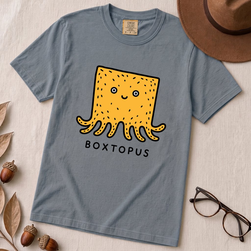 Boxtopus pun T-Shirt, Cute Octopus Box - Blue Jean unfolded t-shirt mockup