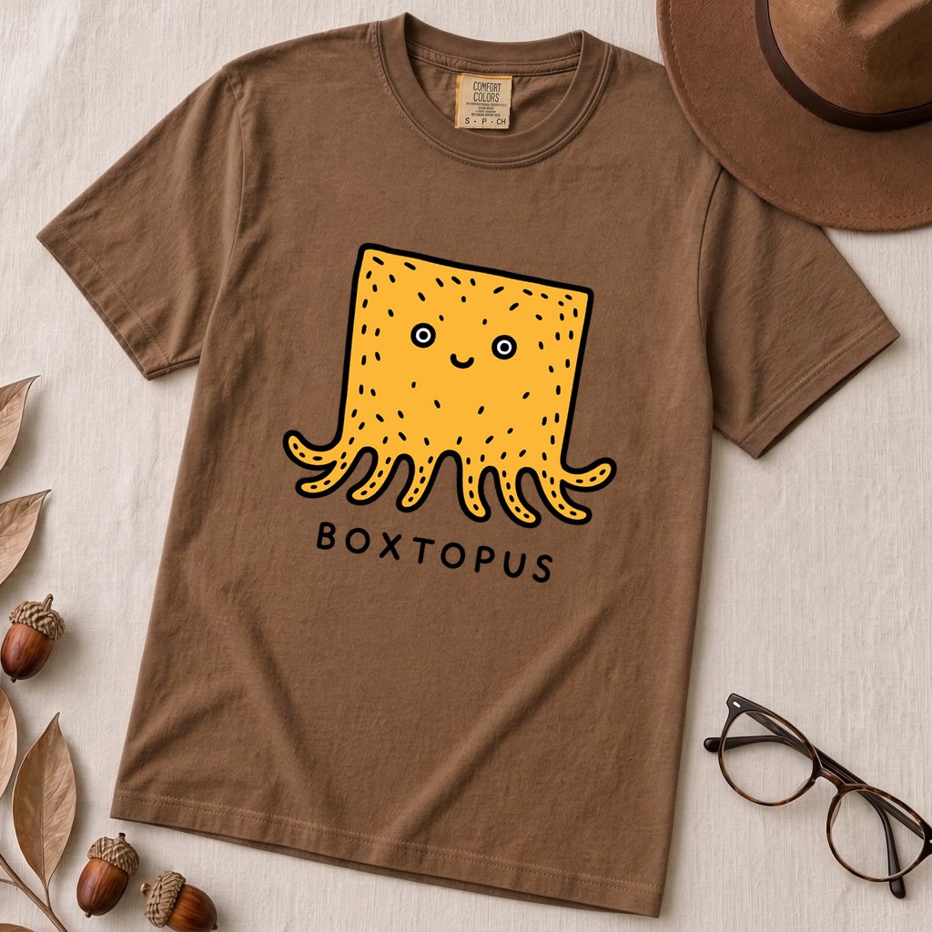 Boxtopus pun T-Shirt, Cute Octopus Box - Espresso unfolded t-shirt mockup