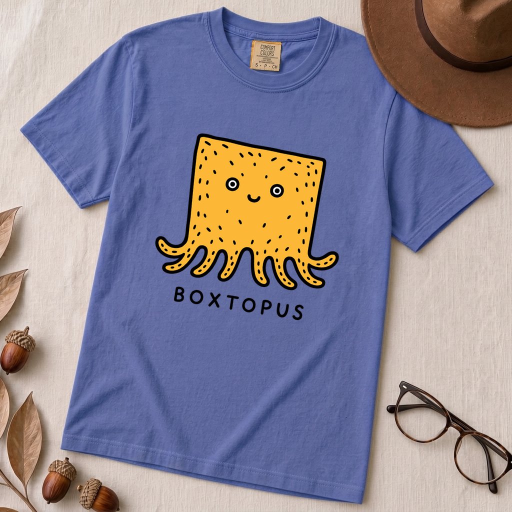 Boxtopus pun T-Shirt, Cute Octopus Box - Flo Blue unfolded t-shirt mockup