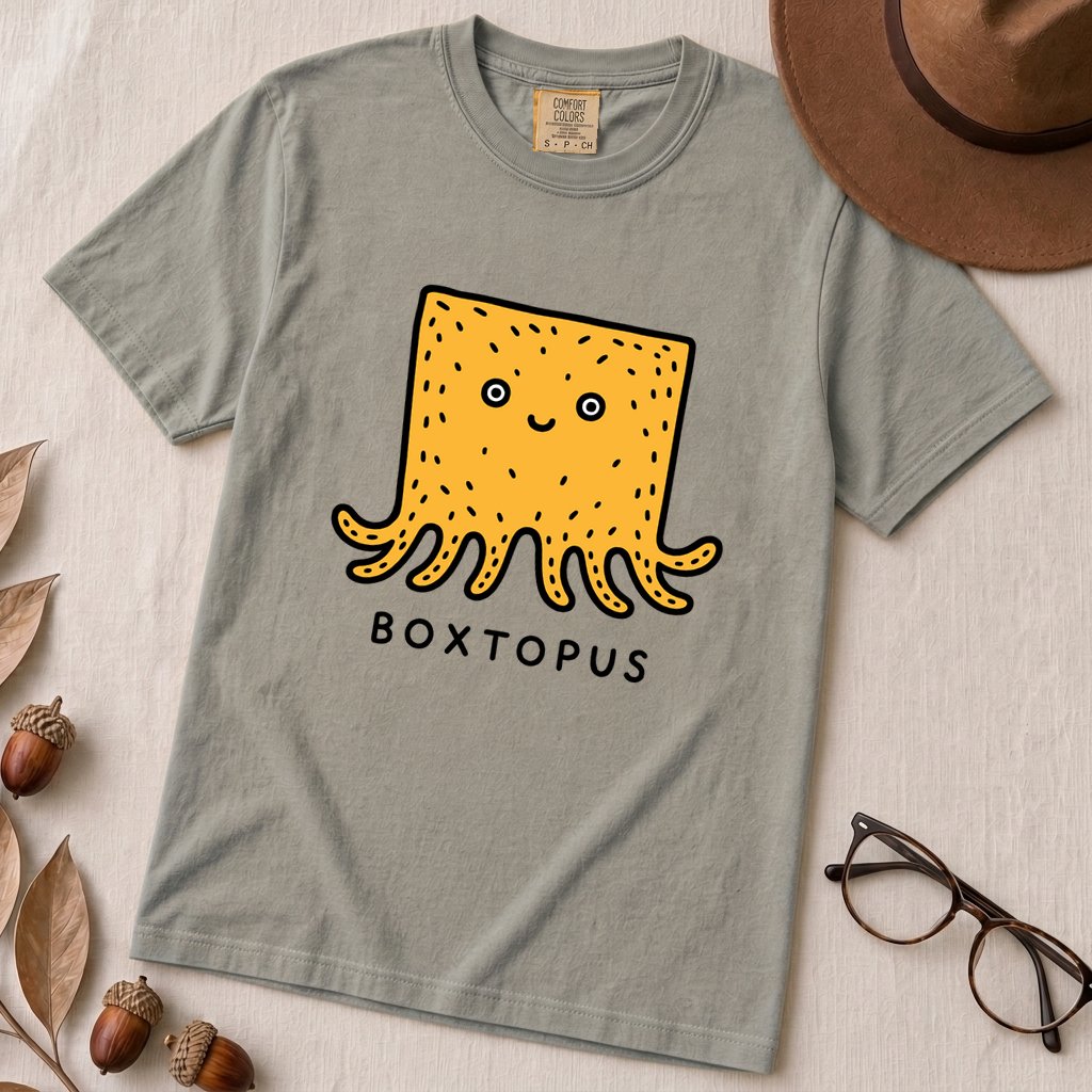 Boxtopus pun T-Shirt, Cute Octopus Box - Granite unfolded t-shirt mockup