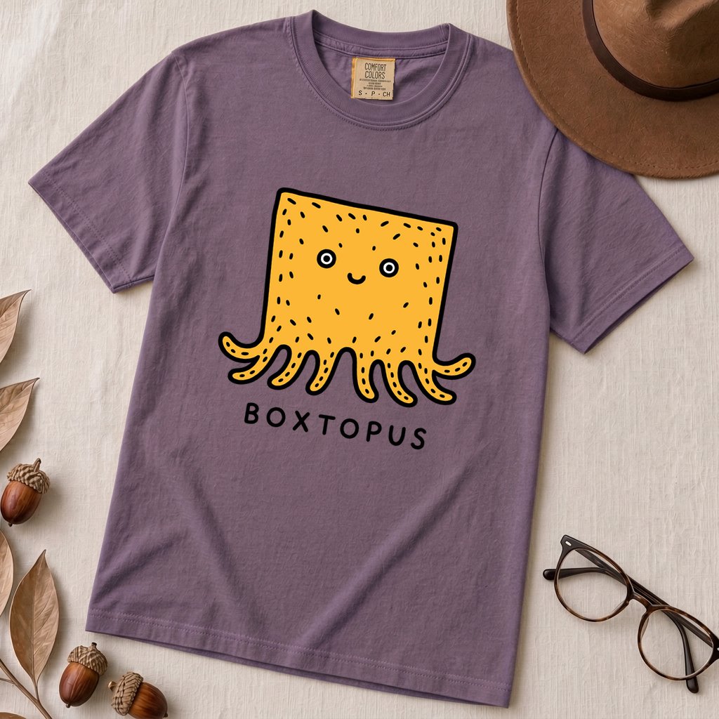 Boxtopus pun T-Shirt, Cute Octopus Box - Grape unfolded t-shirt mockup