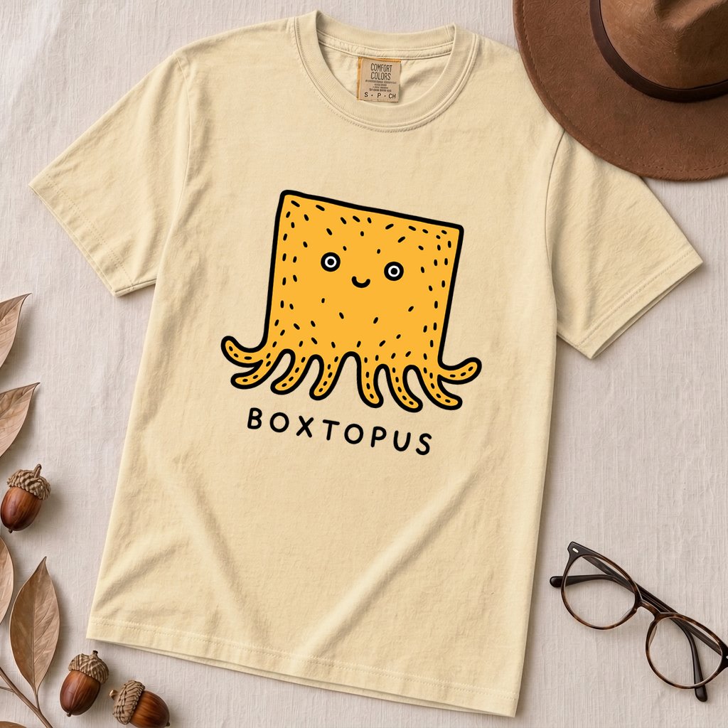 Boxtopus pun T-Shirt, Cute Octopus Box - Ivory unfolded t-shirt mockup