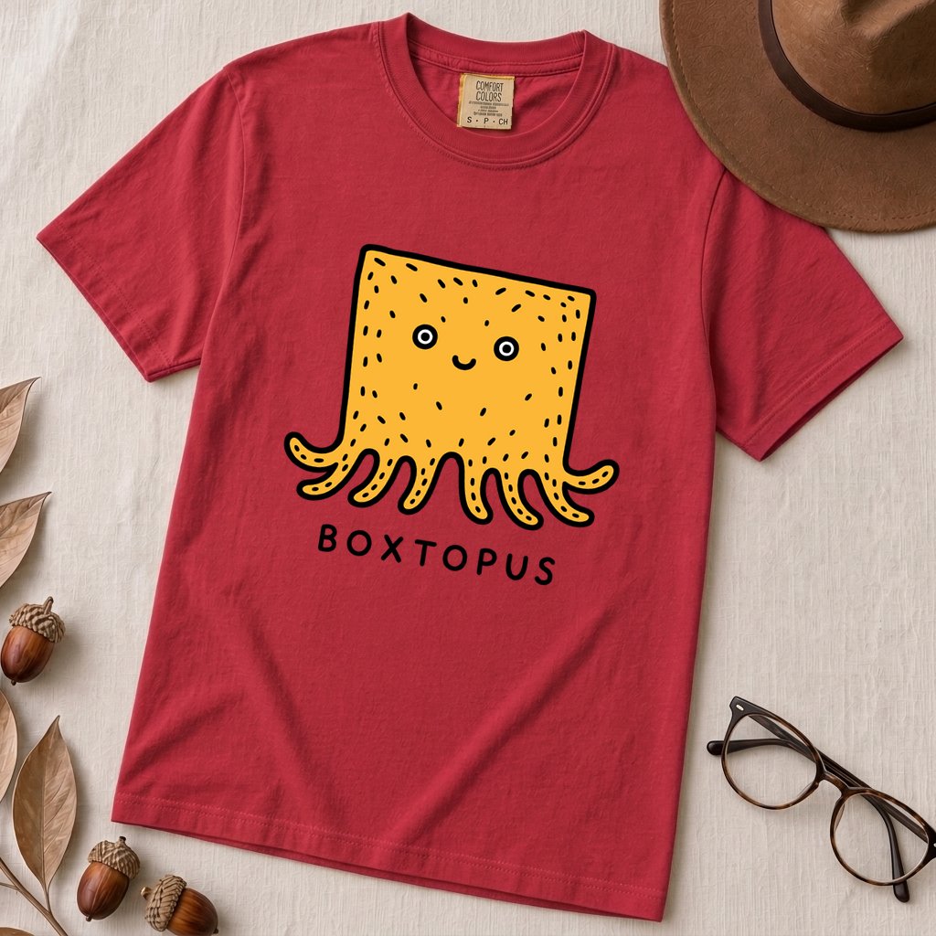 Boxtopus pun T-Shirt, Cute Octopus Box - Red unfolded t-shirt mockup