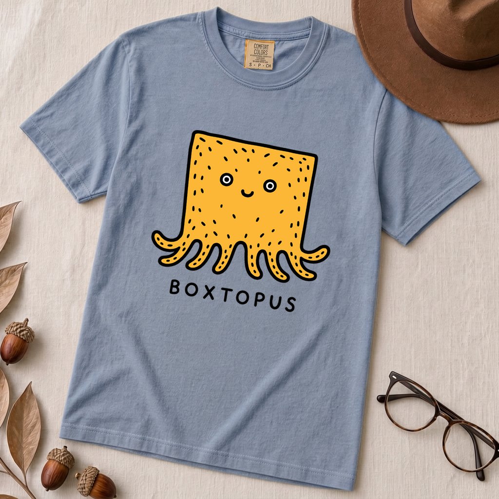 Boxtopus pun T-Shirt, Cute Octopus Box - Washed Denim unfolded t-shirt mockup