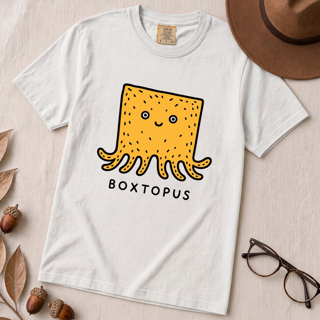 Boxtopus pun T-Shirt, Cute Octopus Box - White unfolded t-shirt mockup