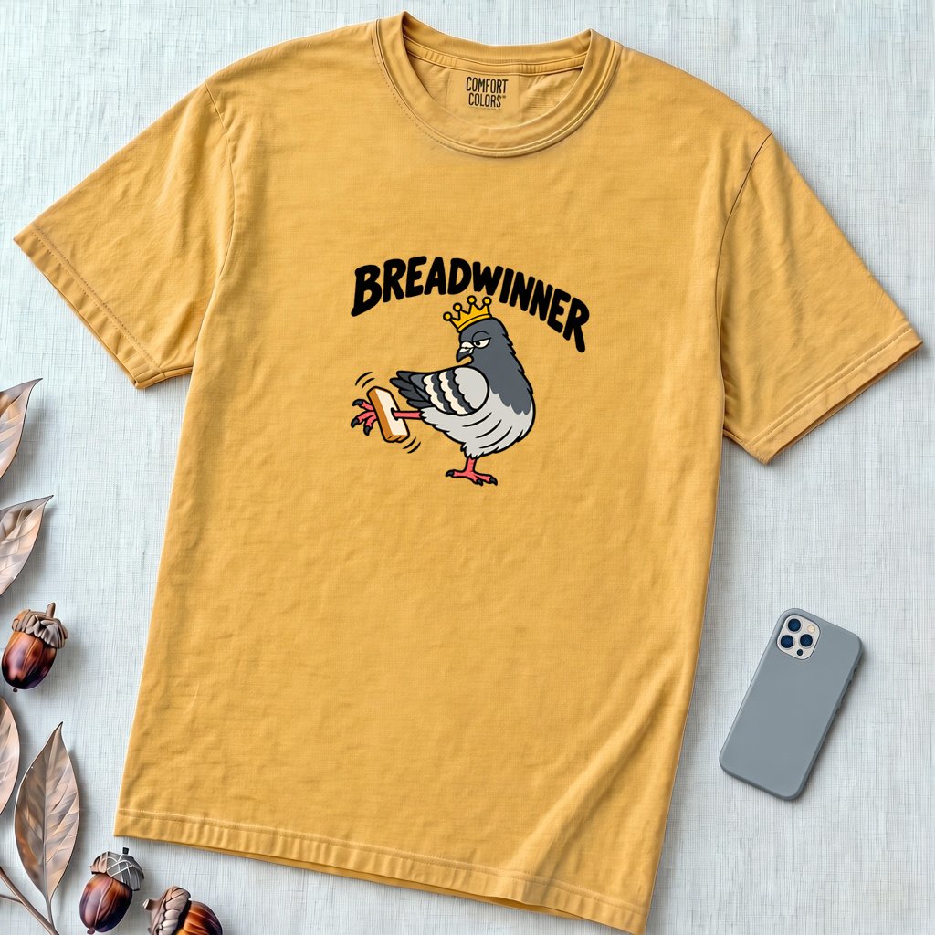 Breadwinner Pigeon T-Shirt - Mustard unfolded t-shirt mockup
