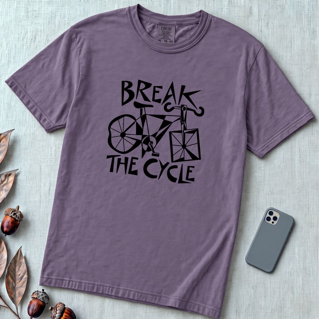 Break The Cycle Bicycle T-Shirt, Funny Motivational Bicycle Tee - Grape unfolded t-shirt mockup