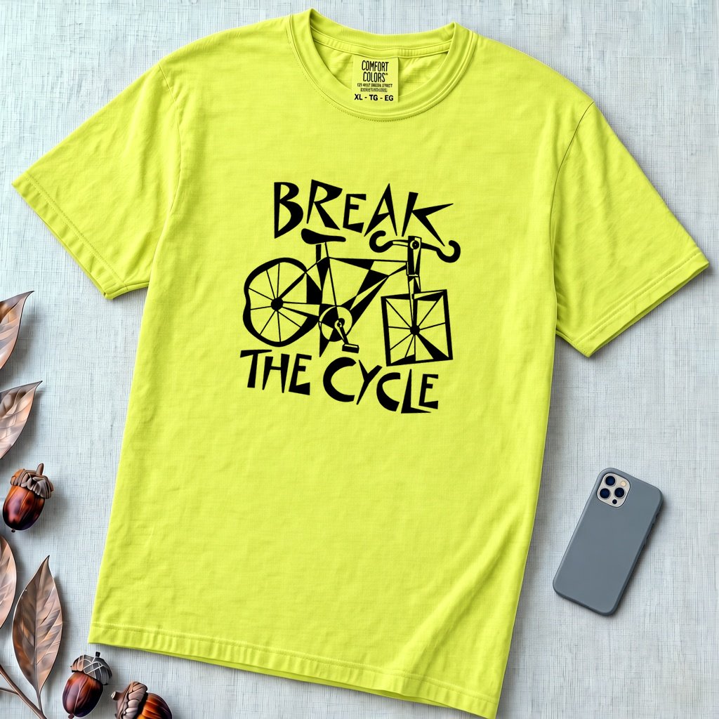 Break The Cycle Bicycle T-Shirt, Funny Motivational Bicycle Tee - Neon Lemon unfolded t-shirt mockup