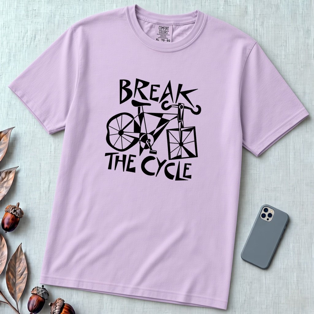 Break The Cycle Bicycle T-Shirt, Funny Motivational Bicycle Tee - Orchid unfolded t-shirt mockup