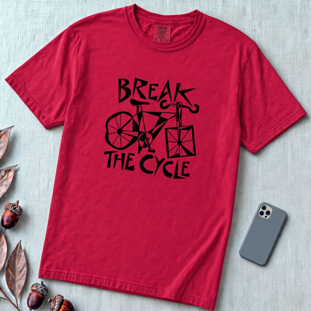 Break The Cycle Bicycle T-Shirt, Funny Motivational Bicycle Tee - Red unfolded t-shirt mockup