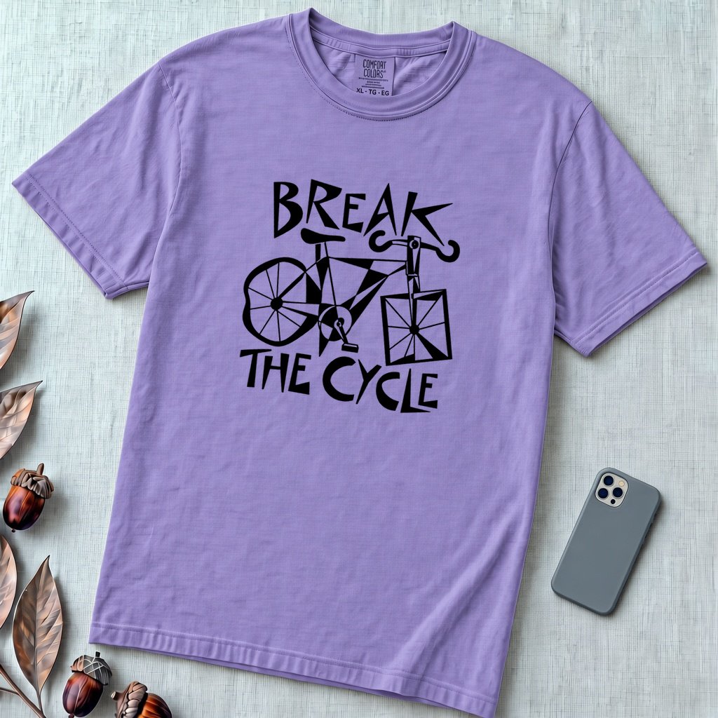 Break The Cycle Bicycle T-Shirt, Funny Motivational Bicycle Tee - Violet unfolded t-shirt mockup