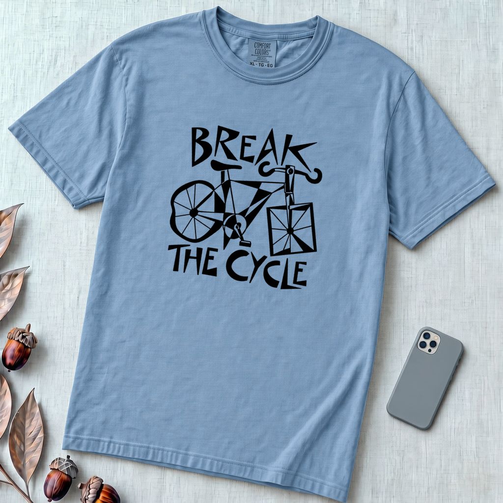 Break The Cycle Bicycle T-Shirt, Funny Motivational Bicycle Tee - Washed Denim unfolded t-shirt mockup
