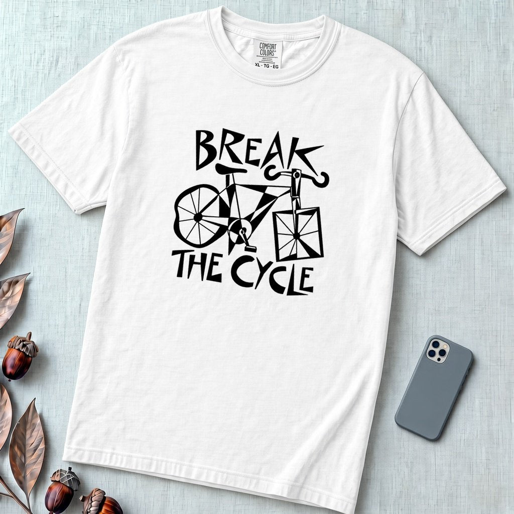 Break The Cycle Bicycle T-Shirt, Funny Motivational Bicycle Tee - White unfolded t-shirt mockup