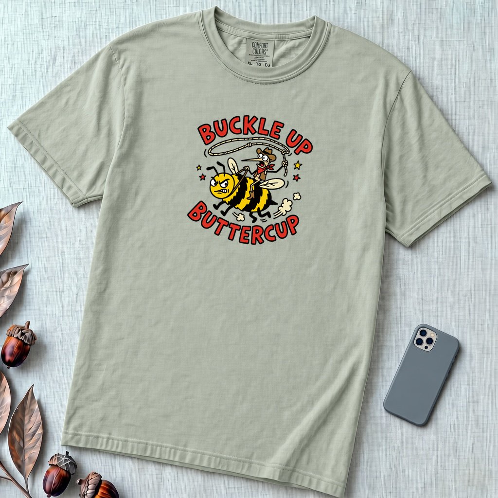 Buckle Up Buttercup T-Shirt, Funny Cowboy Bee - Bay unfolded t-shirt mockup