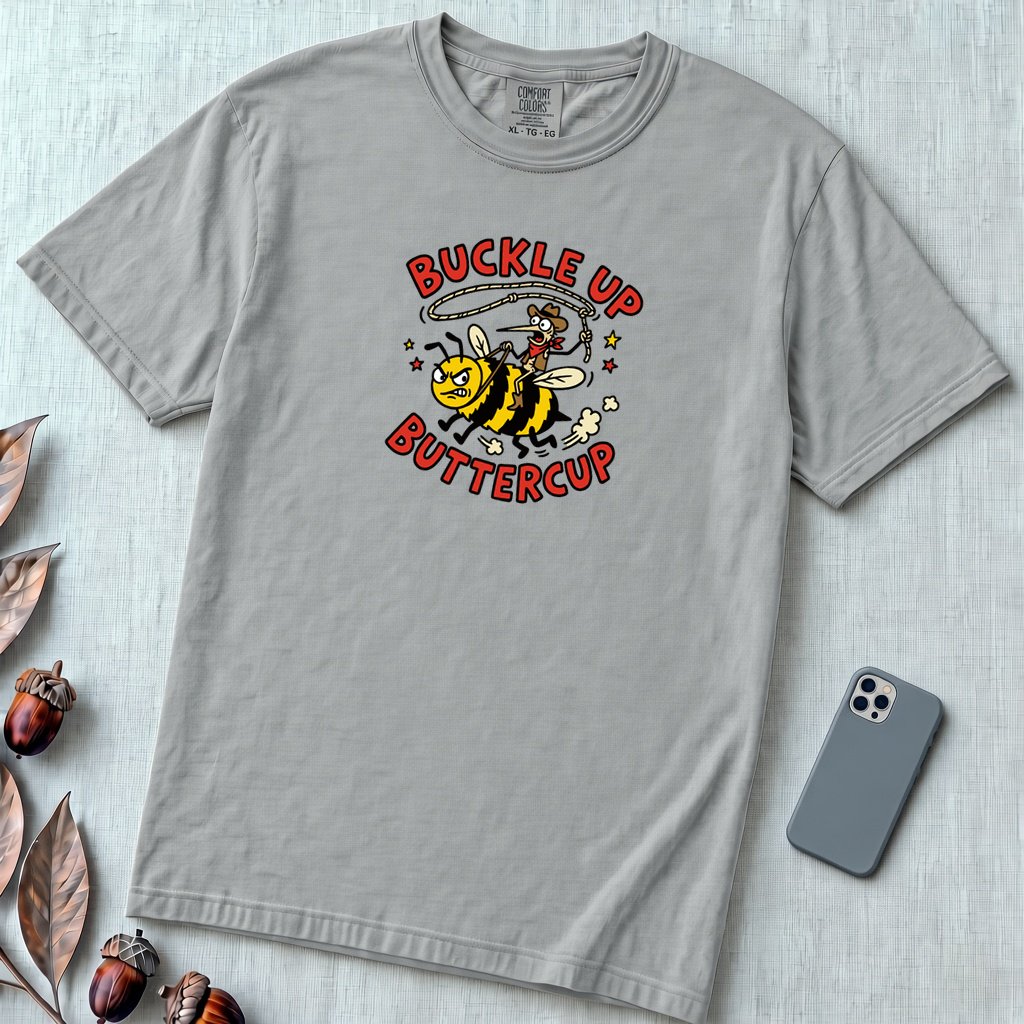 Buckle Up Buttercup T-Shirt, Funny Cowboy Bee - Granite unfolded t-shirt mockup