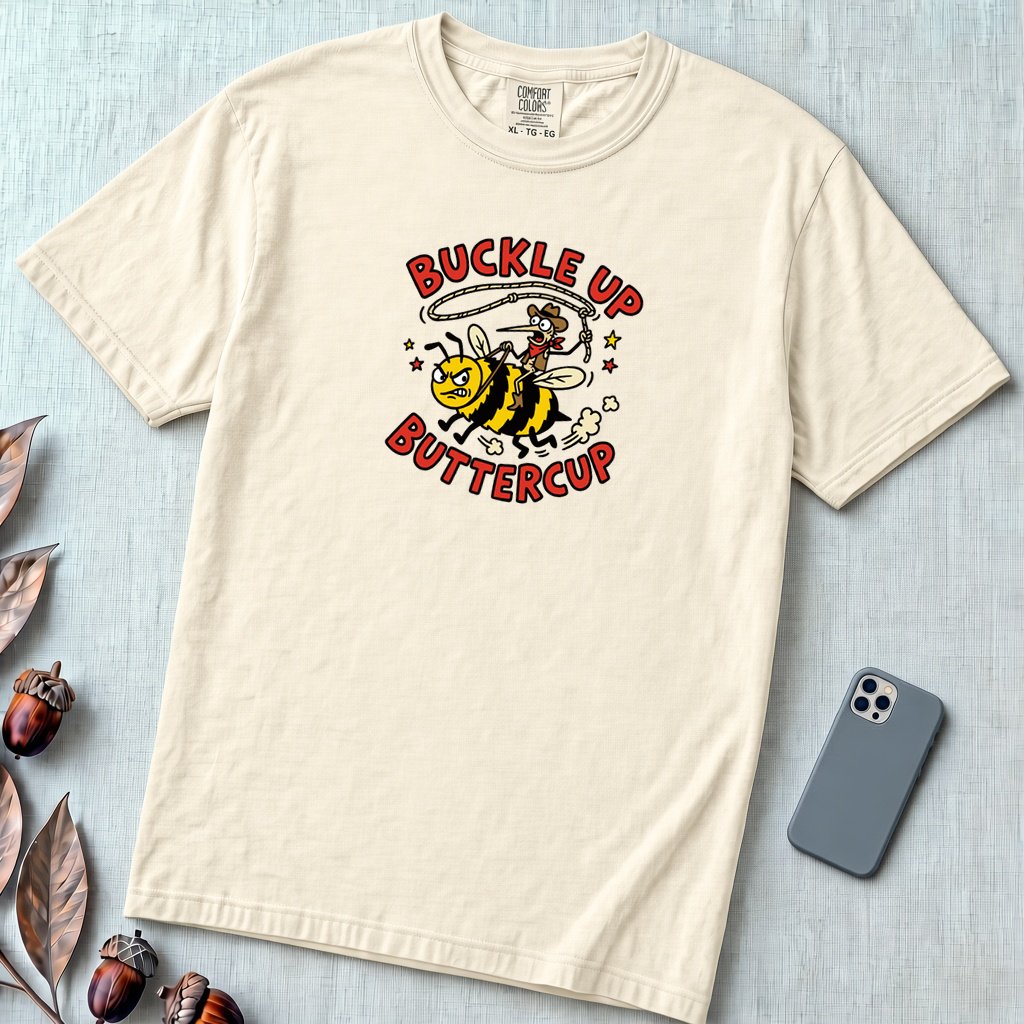 Buckle Up Buttercup T-Shirt, Funny Cowboy Bee - Ivory unfolded t-shirt mockup