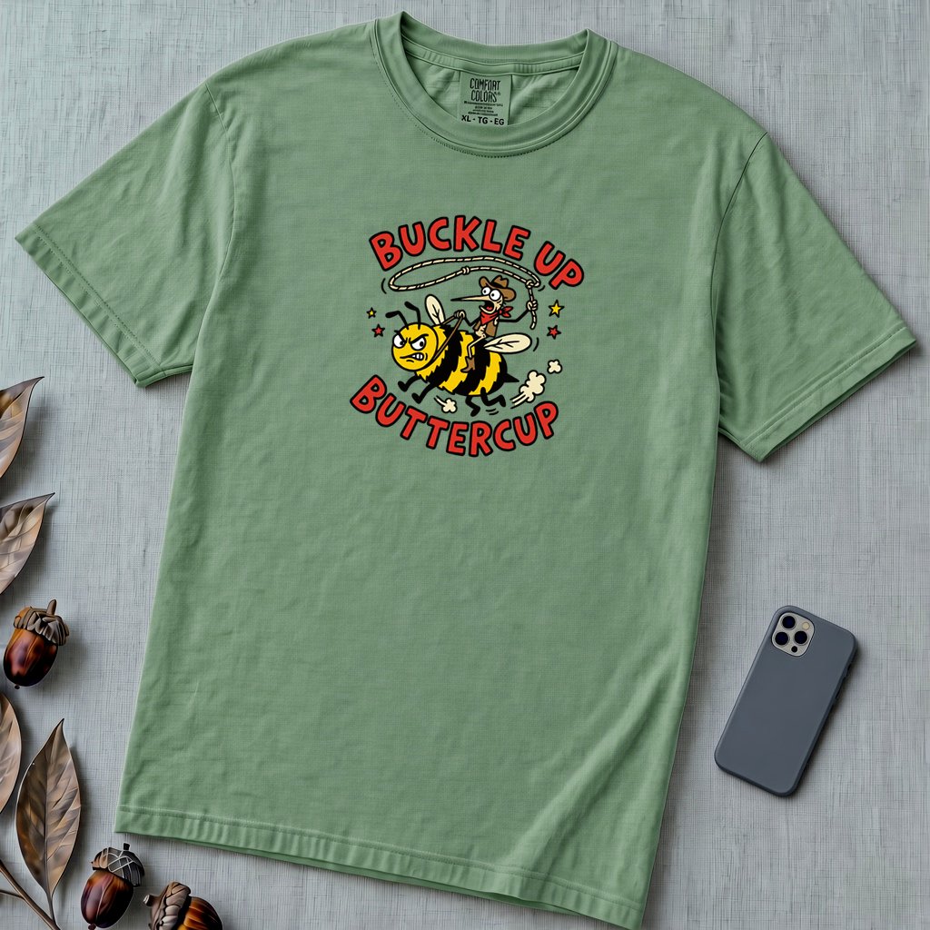 Buckle Up Buttercup T-Shirt, Funny Cowboy Bee - Light Green unfolded t-shirt mockup