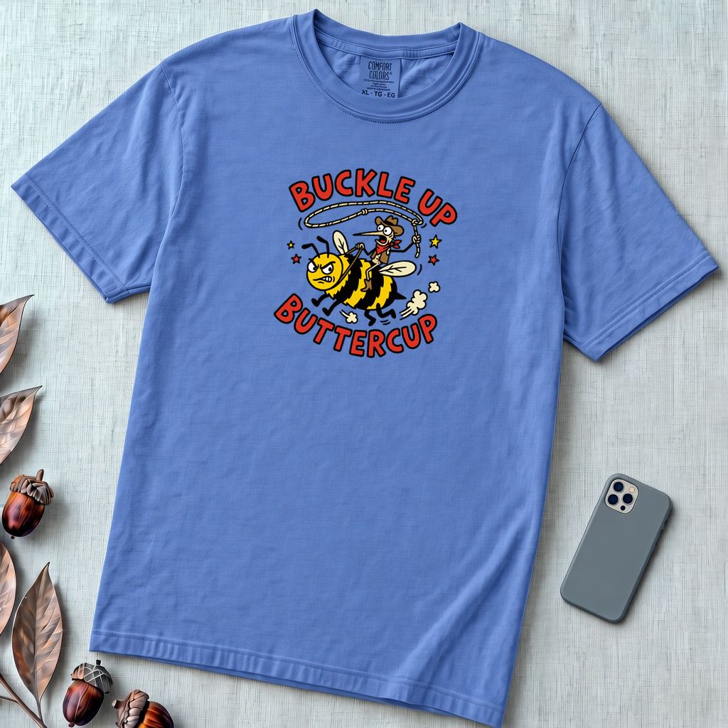 Buckle Up Buttercup T-Shirt, Funny Cowboy Bee - Mystic Blue unfolded t-shirt mockup