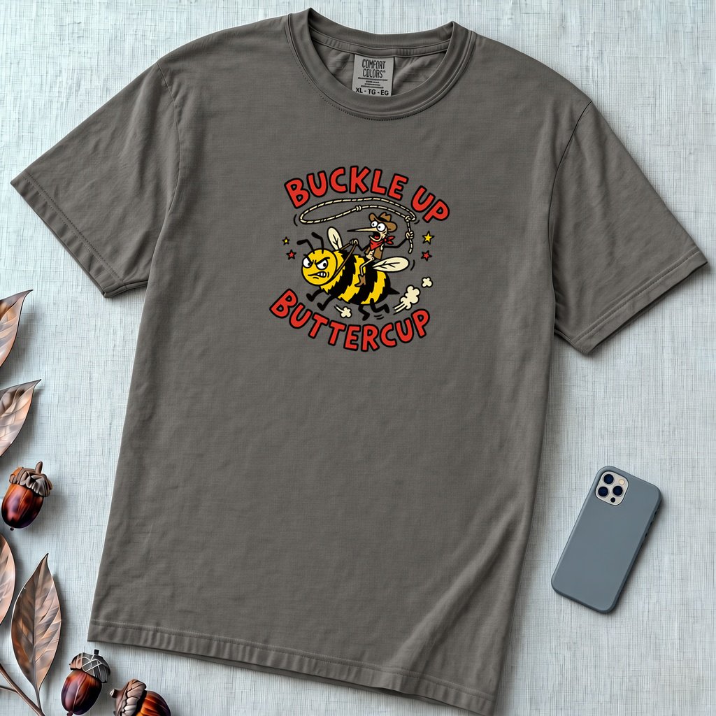 Buckle Up Buttercup T-Shirt, Funny Cowboy Bee - Pepper unfolded t-shirt mockup