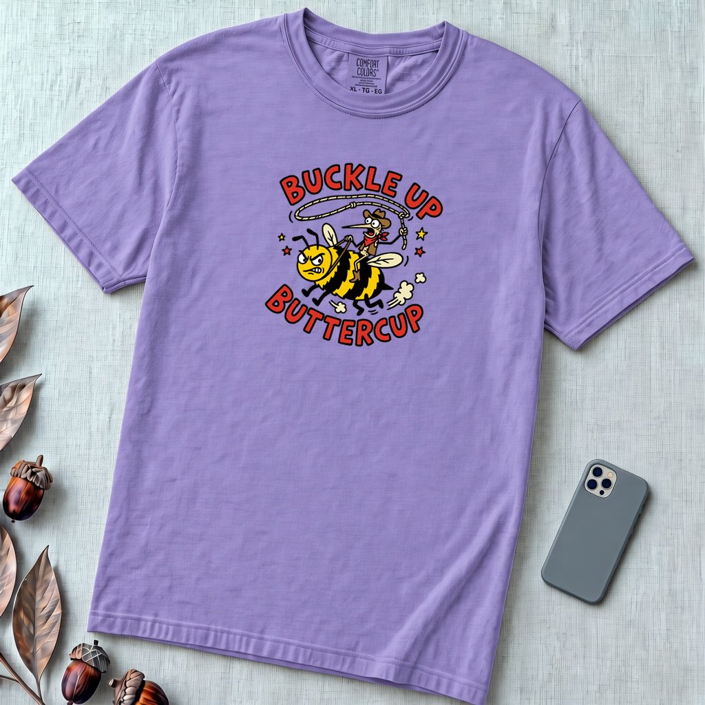 Buckle Up Buttercup T-Shirt, Funny Cowboy Bee - Violet unfolded t-shirt mockup