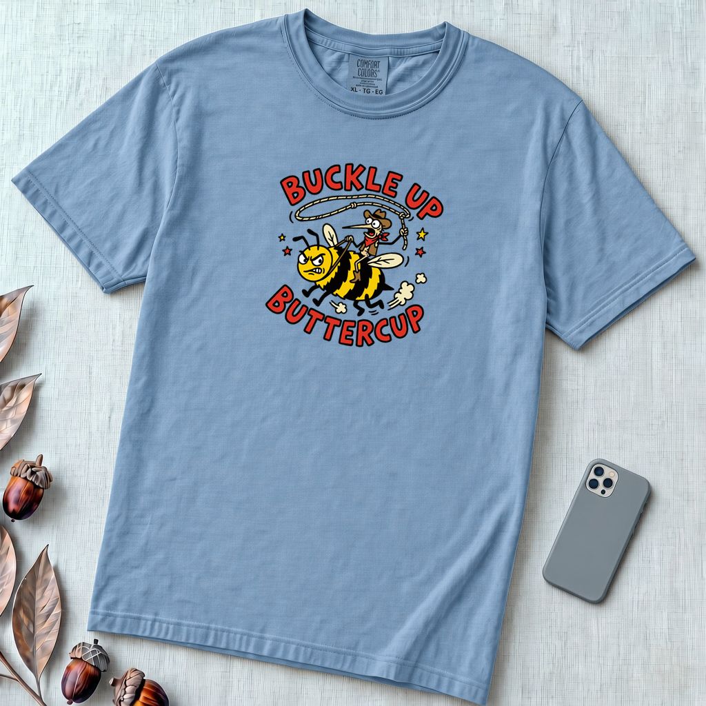 Buckle Up Buttercup T-Shirt, Funny Cowboy Bee - Washed Denim unfolded t-shirt mockup