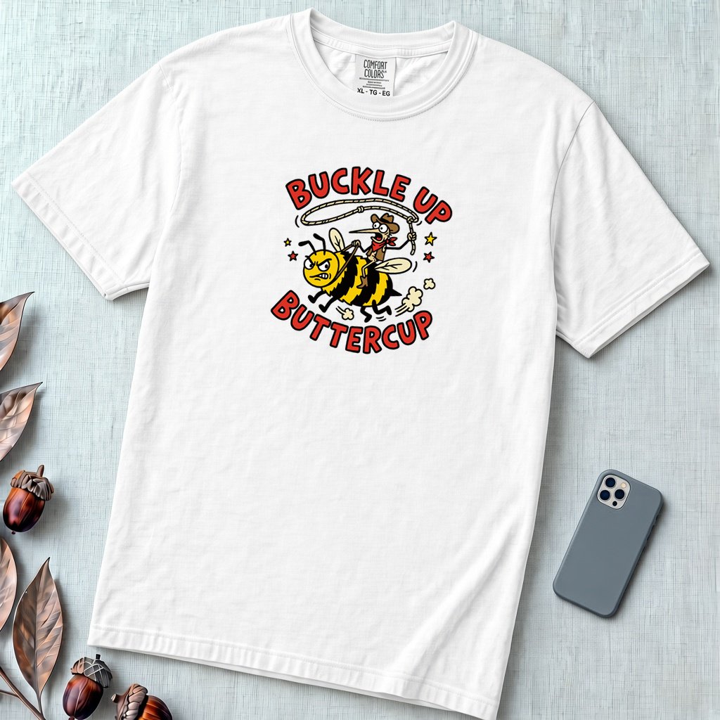 Buckle Up Buttercup T-Shirt, Funny Cowboy Bee - White unfolded t-shirt mockup