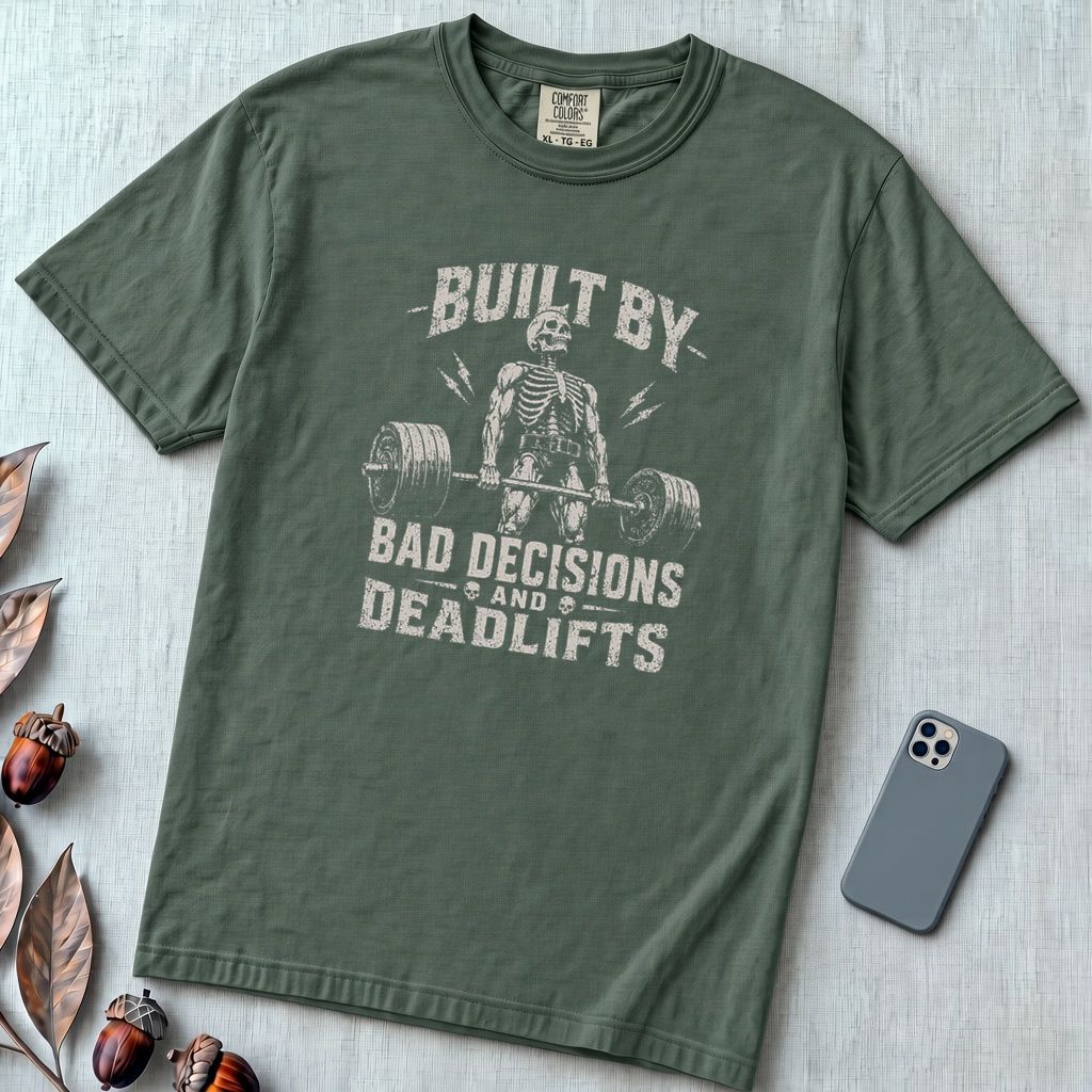Built By Bad Decisions and Deadlifts, Gym humor T-Shirt - Blue Spruce unfolded t-shirt mockup