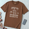Built By Bad Decisions and Deadlifts, Gym humor T-Shirt - Espresso unfolded t-shirt mockup