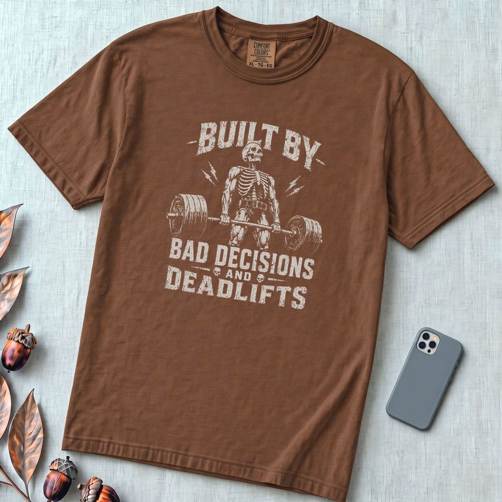 Built By Bad Decisions and Deadlifts, Gym humor T-Shirt - Espresso unfolded t-shirt mockup
