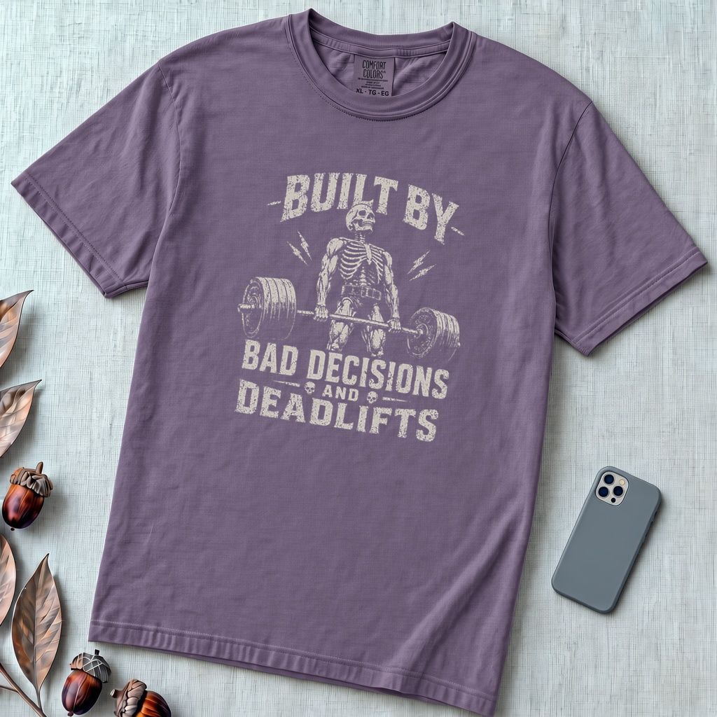 Built By Bad Decisions and Deadlifts, Gym humor T-Shirt - Grape unfolded t-shirt mockup