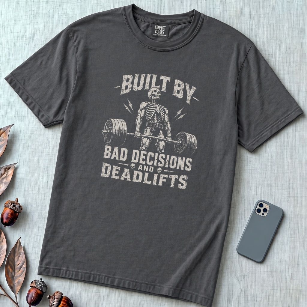 Built By Bad Decisions and Deadlifts, Gym humor T-Shirt - Graphite unfolded t-shirt mockup