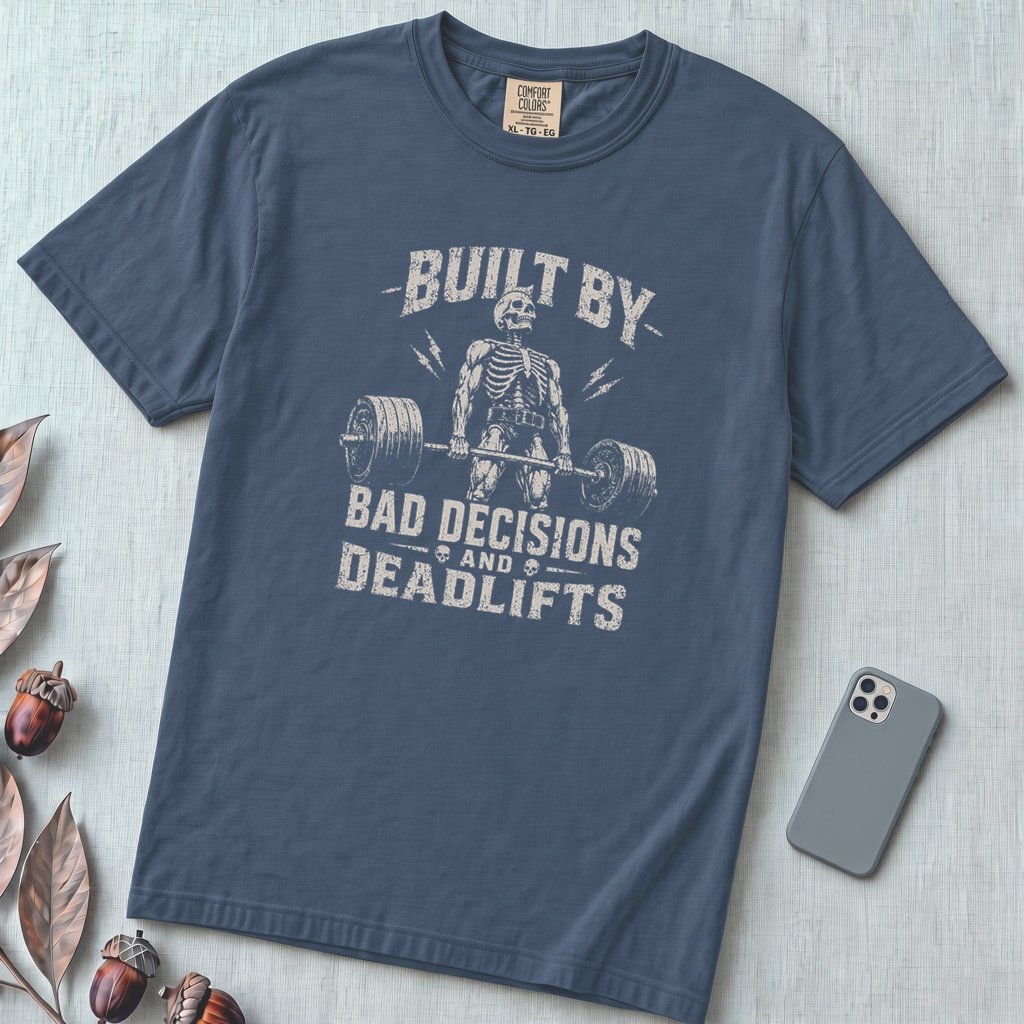 Built By Bad Decisions and Deadlifts, Gym humor T-Shirt - Midnight unfolded t-shirt mockup