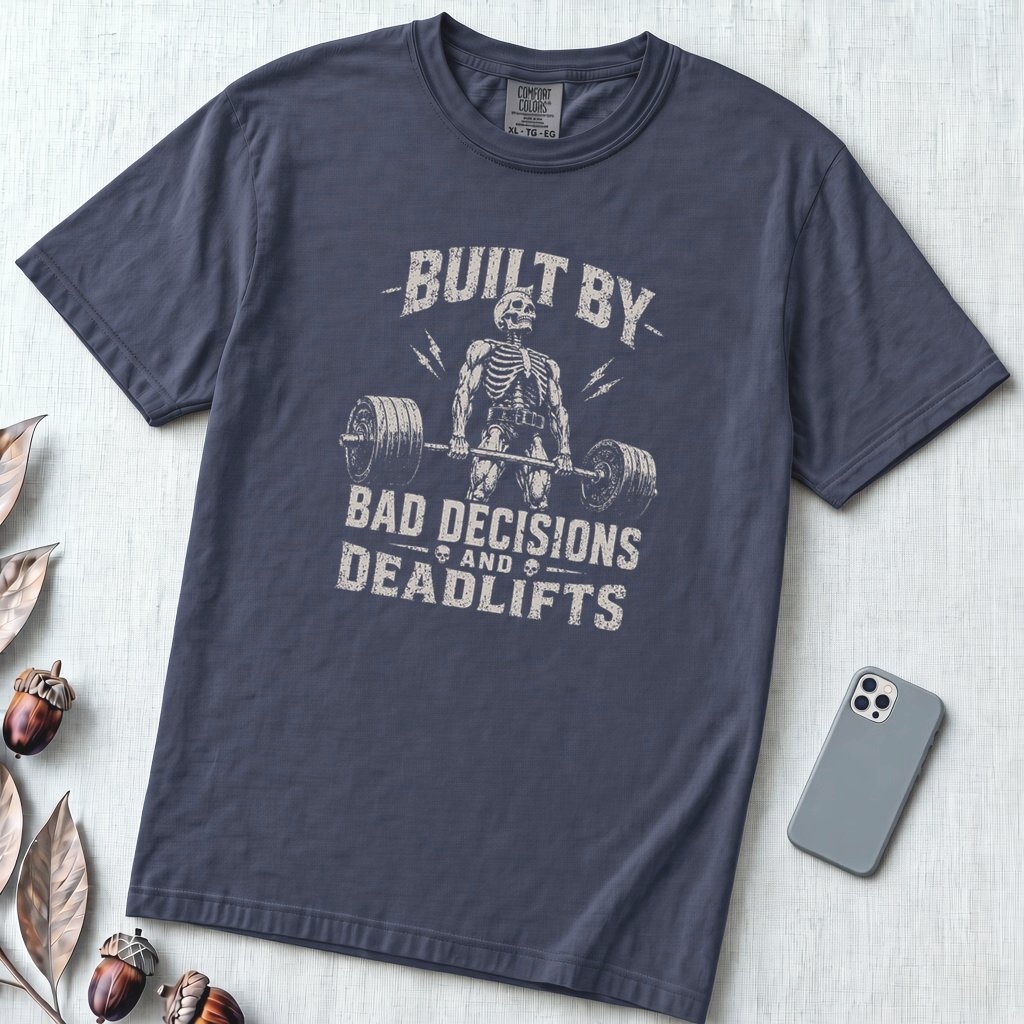 Built By Bad Decisions and Deadlifts, Gym humor T-Shirt - Navy unfolded t-shirt mockup