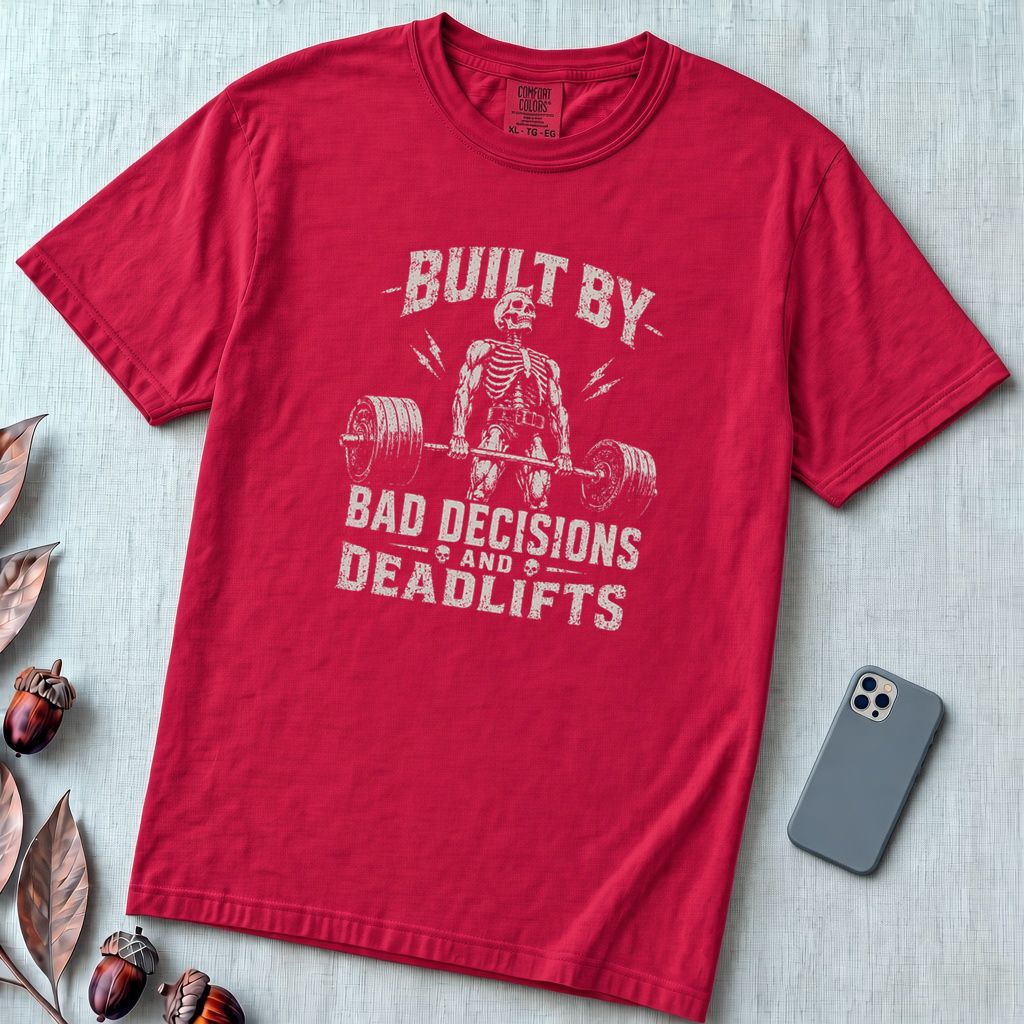 Built By Bad Decisions and Deadlifts, Gym humor T-Shirt - Red unfolded t-shirt mockup
