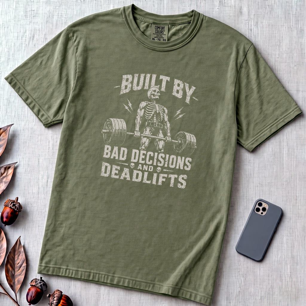 Built By Bad Decisions and Deadlifts, Gym humor T-Shirt - Sage unfolded t-shirt mockup
