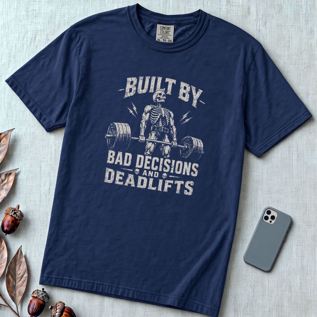 Built By Bad Decisions and Deadlifts, Gym humor T-Shirt - True Navy unfolded t-shirt mockup