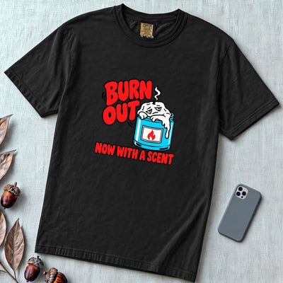 Burn Out — Now With A Scent T-Shirt, Funny Candle Tee - Black unfolded t-shirt mockup