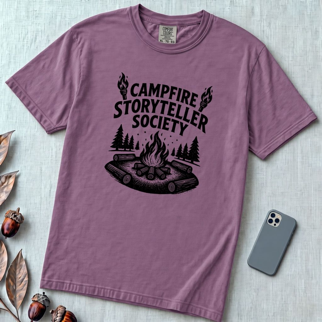 Campfire Storyteller Society T-Shirt, Camping Tee - Berry unfolded t-shirt mockup