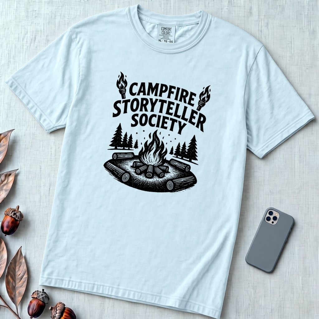 Campfire Storyteller Society T-Shirt, Camping Tee - Chambray unfolded t-shirt mockup