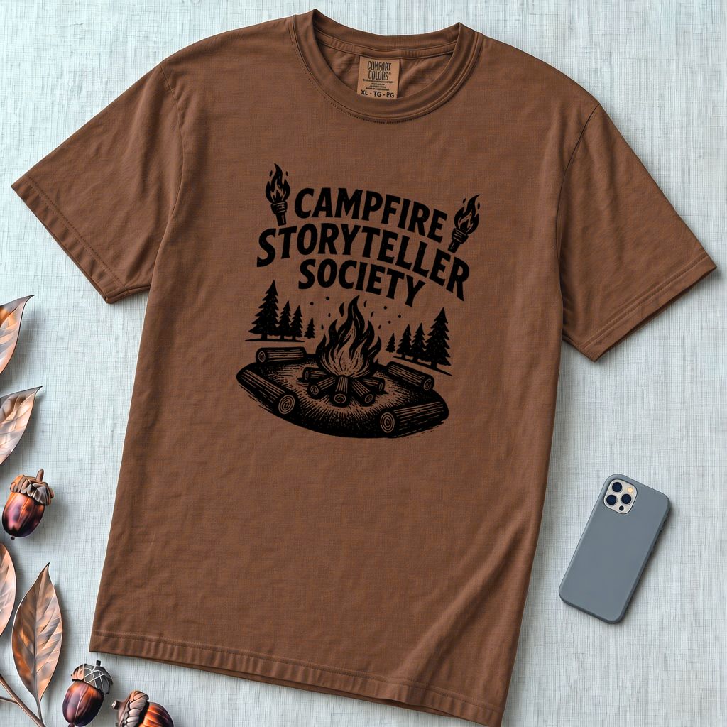 Campfire Storyteller Society T-Shirt, Camping Tee - Espresso unfolded t-shirt mockup