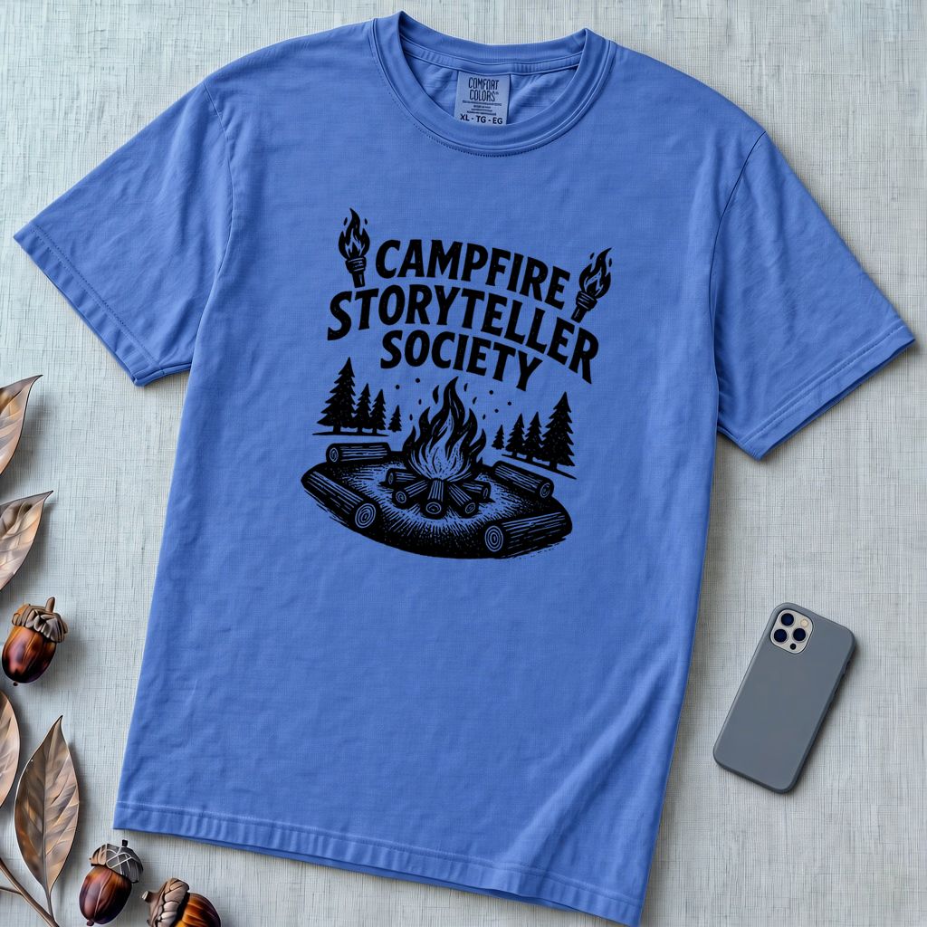 Campfire Storyteller Society T-Shirt, Camping Tee - Flo Blue unfolded t-shirt mockup