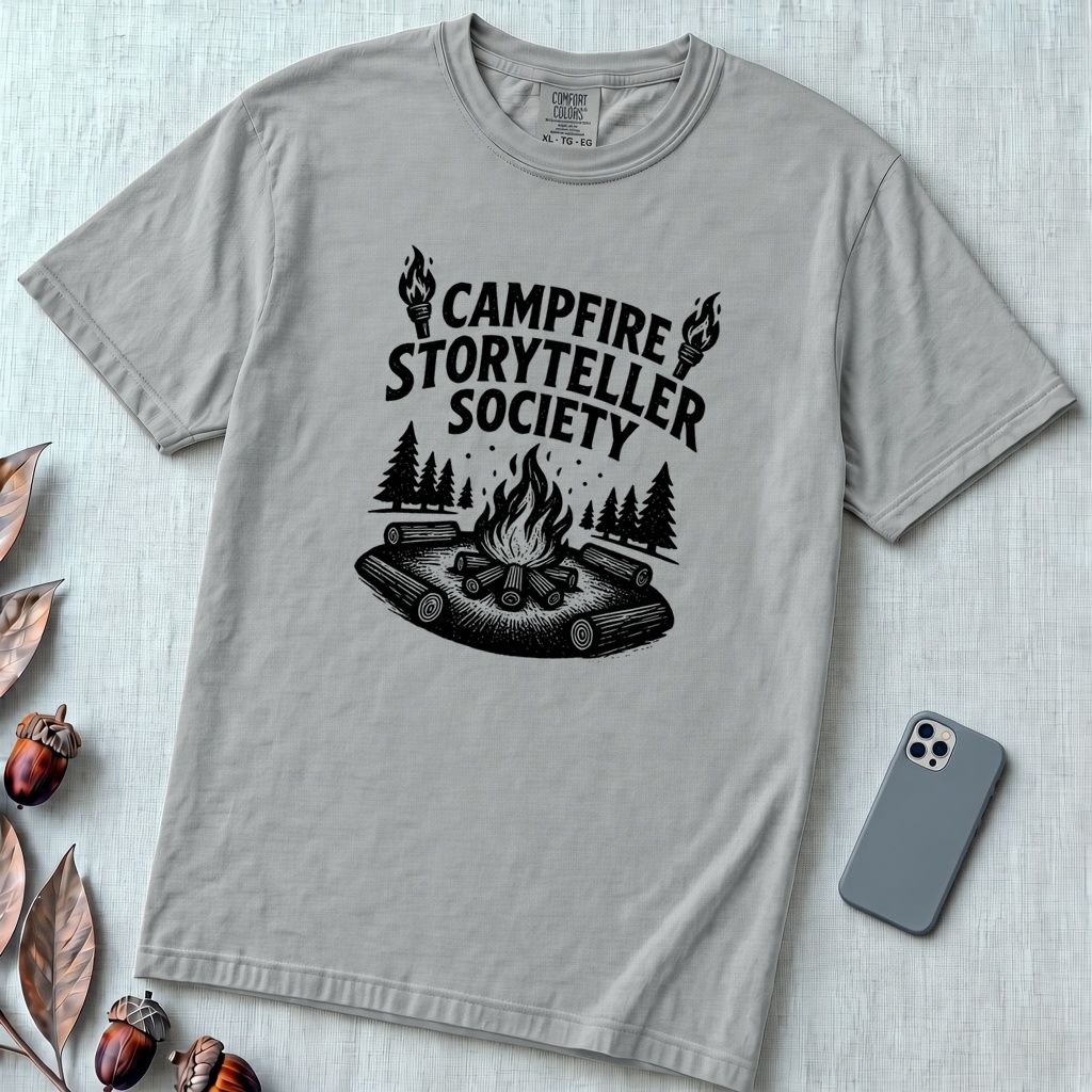 Campfire Storyteller Society T-Shirt, Camping Tee - Granite unfolded t-shirt mockup